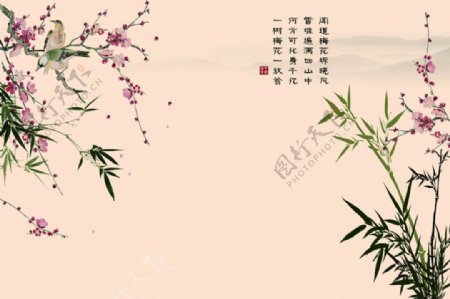 中式花卉背景装饰墙