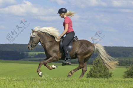 草原上骑马奔跑的女孩图片