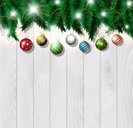 精美圣诞球和木板背景矢量图