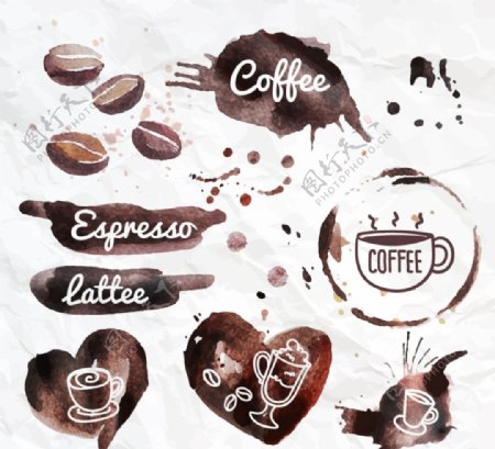 咖啡渍水彩咖啡咖啡豆