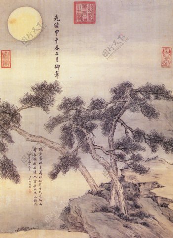 0003古树奇石中国画