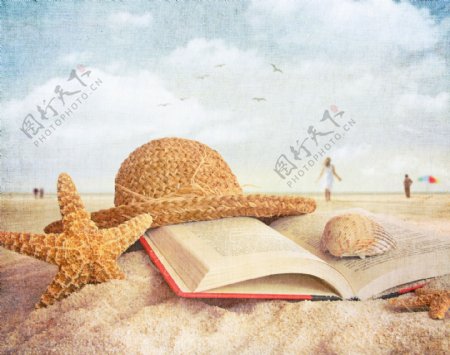 沙滩上的书本与海星