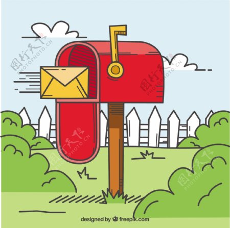 红色邮箱的风景背景