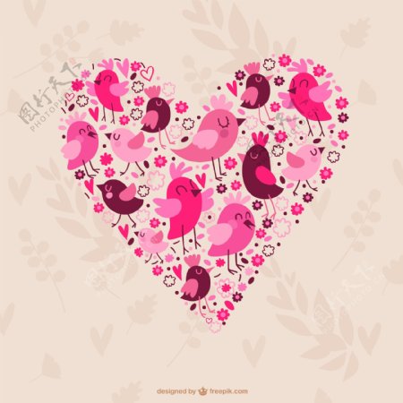 粉色小鸟组合爱心设计矢量素材.