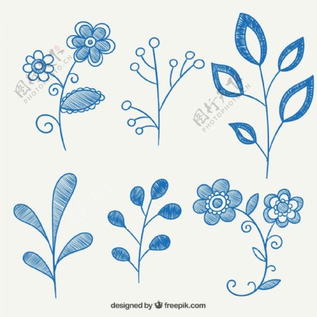 蓝色手绘植物矢量素材图片