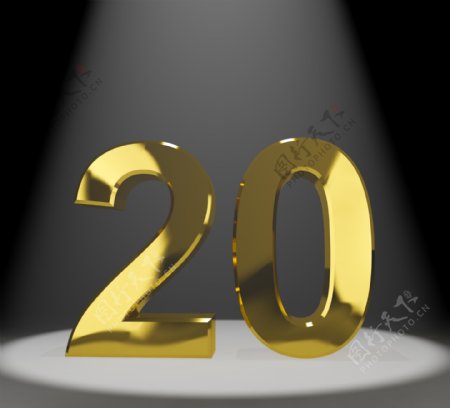 金第二十或二十的三维数字表示纪念或生日
