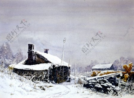 乡村的冬天风景油画写生