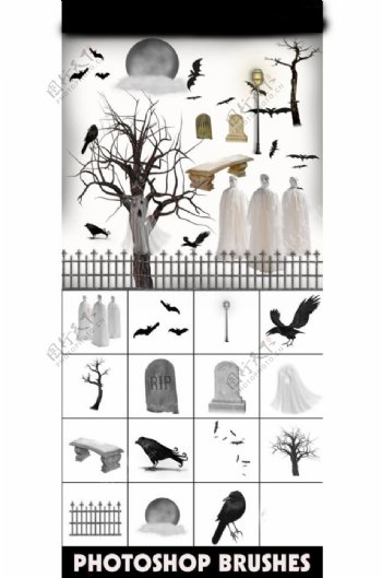 乌鸦蝙蝠和枯树墓碑等恐怖元素笔刷