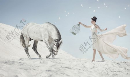 雪地上的马与美女图片