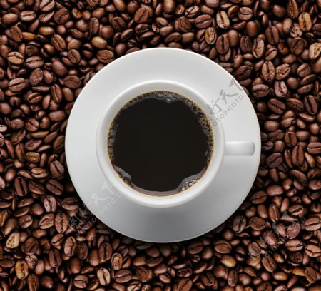 咖啡豆上的咖啡杯图片