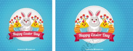 蓝色背景与可爱的兔子和两个小鸡复活节
