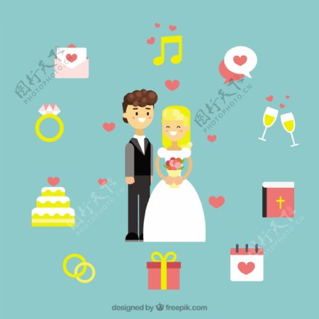 新婚夫妇和各种婚礼物品图标