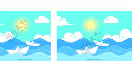 海上蓝天背景与两个纸船