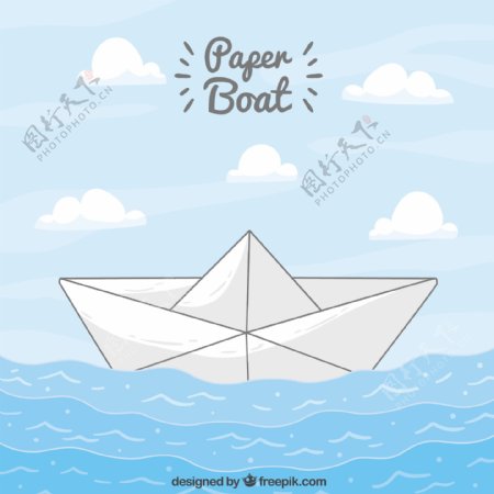 纸船帆船蓝色海上背景