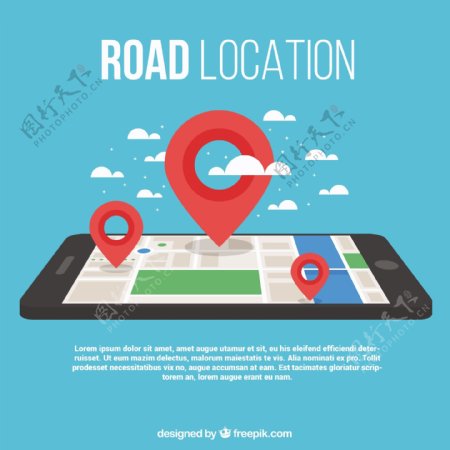 智能手机和三个地标的道路地图背景