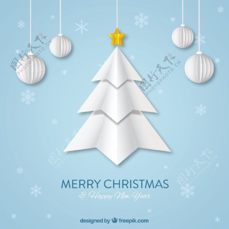 折纸圣诞树和装饰品的背景