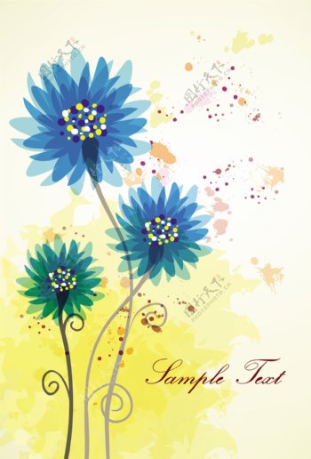 墨迹与蓝色花朵