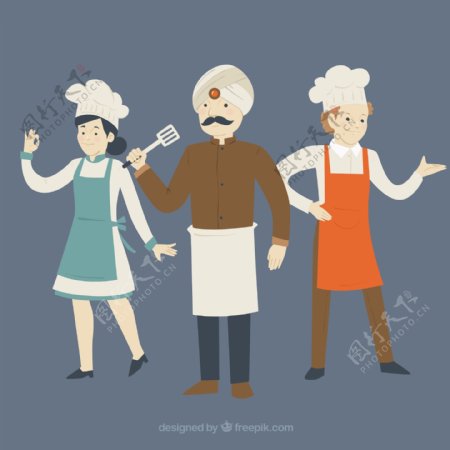 扁平风格三个快乐的厨师