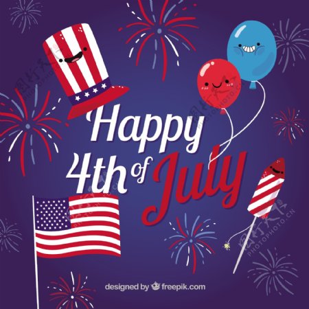 漂亮的气球烟花美国独立日背景