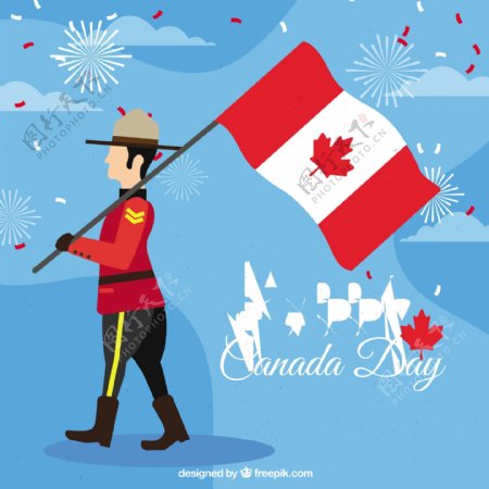 士兵扛旗加拿大国庆日背景
