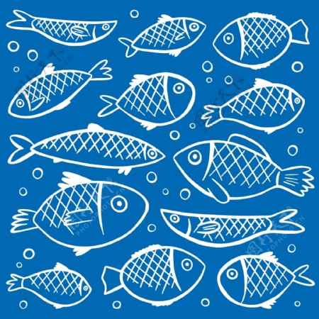 各种鱼装饰图案蓝色背景