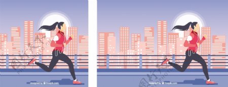 女孩跑步穿过现代城市背景