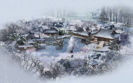 园林建筑雪景环境图片