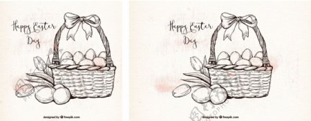 中世纪风格的篮子和复活节彩蛋的背景