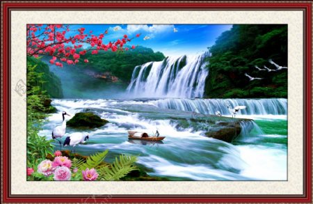 瀑布山水风景画图片