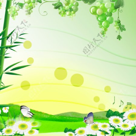 竹子葡萄花蝶绿色背景素材