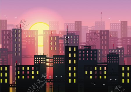 手绘城市天际线夕阳背景