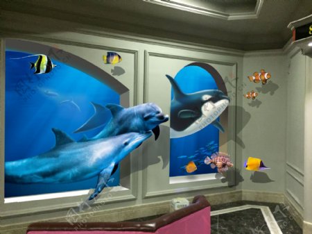 游出墙面的海豚3D画