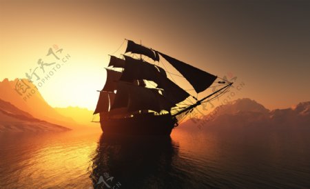 落日下的帆船图片