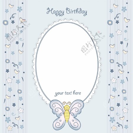 可爱的蓝色生日卡与蝴蝶