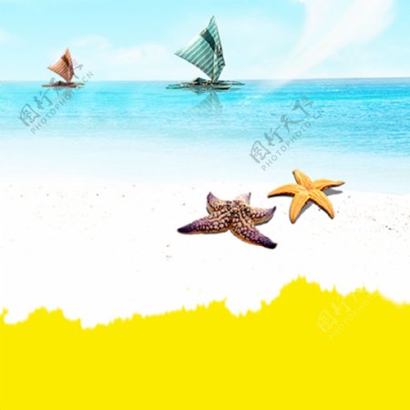 卡通夏日护肤品防晒海星帆船沙滩背景