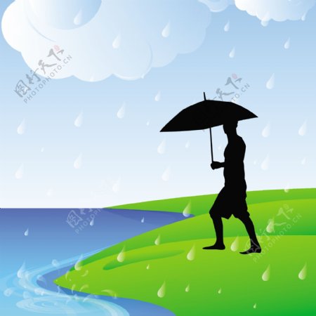 摘要背景与雨季的一个人拿着伞的剪影
