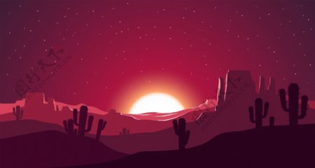 沙漠里的落日插画