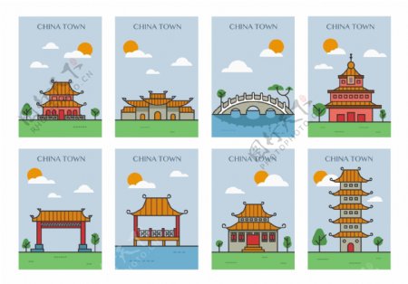 手绘扁平中国景点插画素材