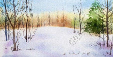 彩色水彩画冬季森林河边矢量素材