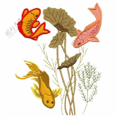 绣花动物鱼植物色彩免费素材