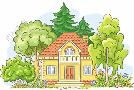 卡通房屋与树木矢量素材图片