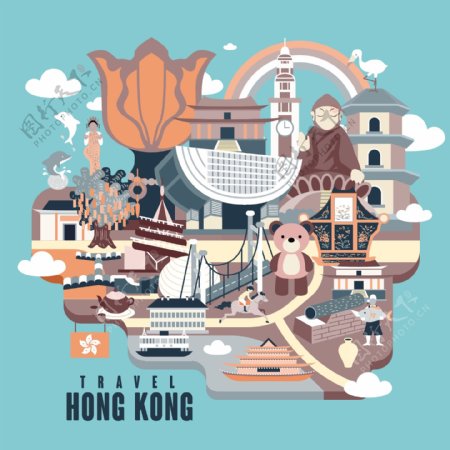 香港风景系列矢量扁平素材