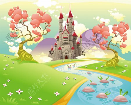 卡通城堡与小溪风景插画