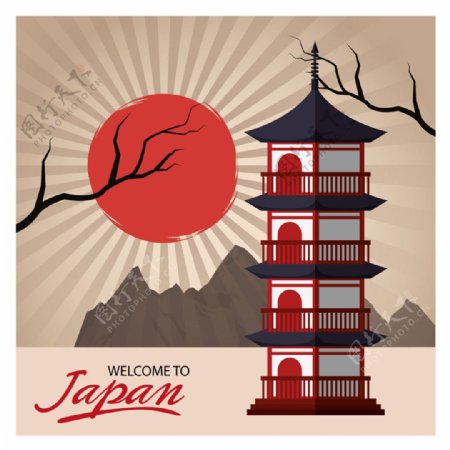 日本古典塔和太阳图片