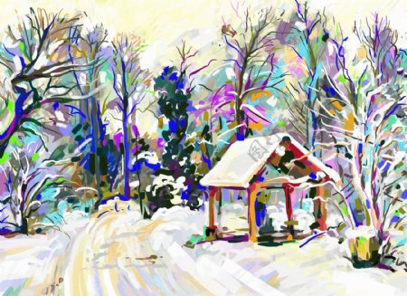 冬天美丽雪景油画