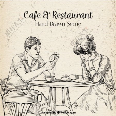 咖啡馆里手绘的情侣阅读