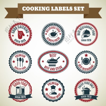 烹饪厨师标签一套好的配餐美味食品总是新鲜孤立的矢量插图