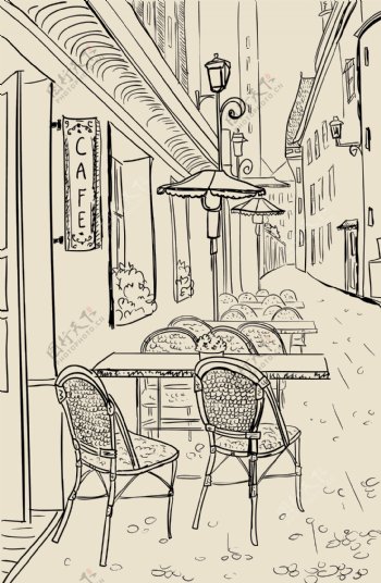 手绘速写咖啡厅插画