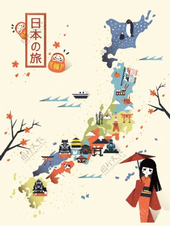卡通日本旅游手绘装饰地图矢量素材