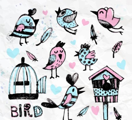 水彩绘鸟和鸟笼矢量图